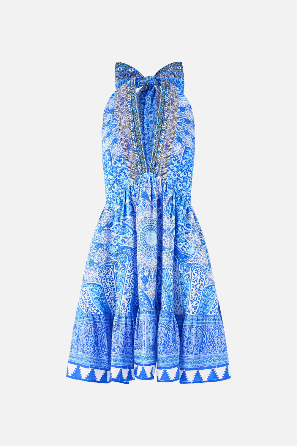 The CAMILLA RUFFLE HEM HALTER SHORT DRESS THE BOSPHOROUS in our  print.