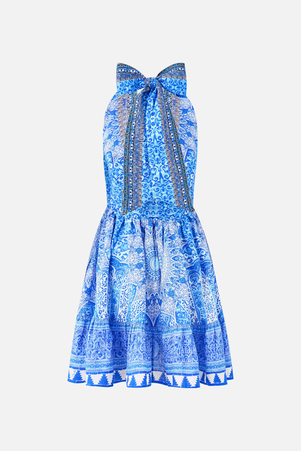 The CAMILLA RUFFLE HEM HALTER SHORT DRESS THE BOSPHOROUS in our  print.