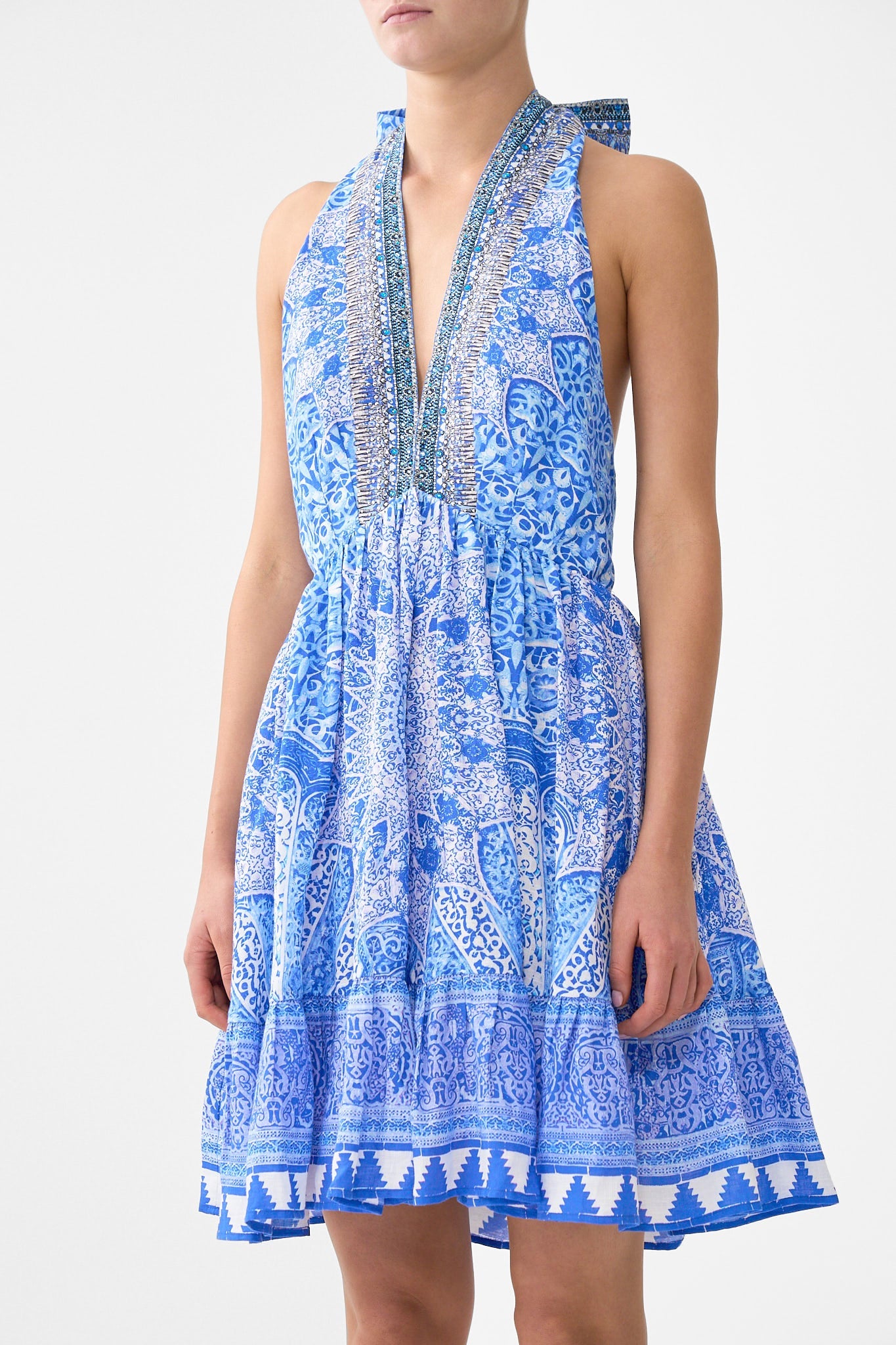 The CAMILLA RUFFLE HEM HALTER SHORT DRESS THE BOSPHOROUS in our  print.