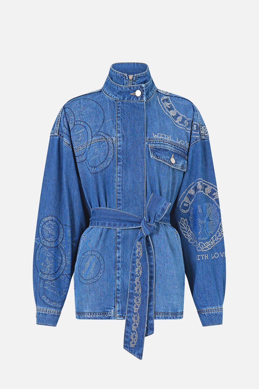 The CAMILLA ALIKA HIGH NECK JACKET DENIM in our  print.