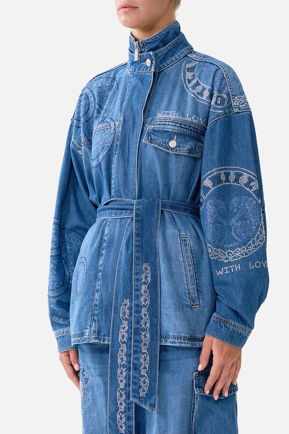 The CAMILLA ALIKA HIGH NECK JACKET DENIM in our  print.