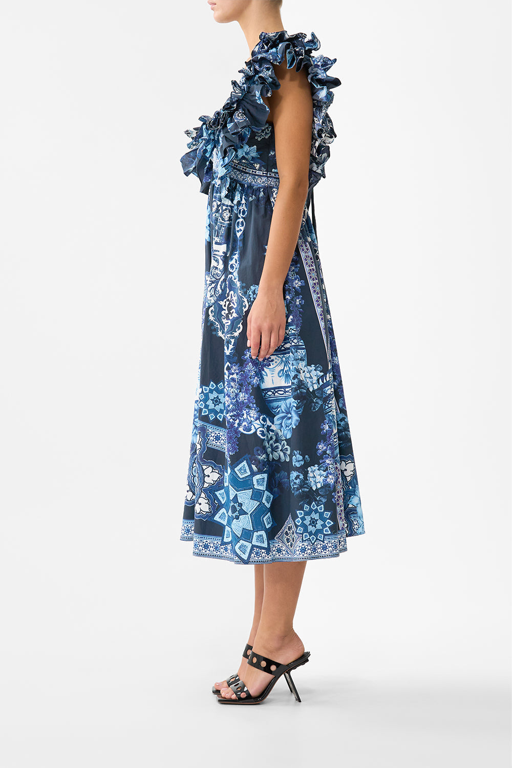 DOUBLE FRILL SLEEVE MIDI DRESS A TILED WONDERLAND