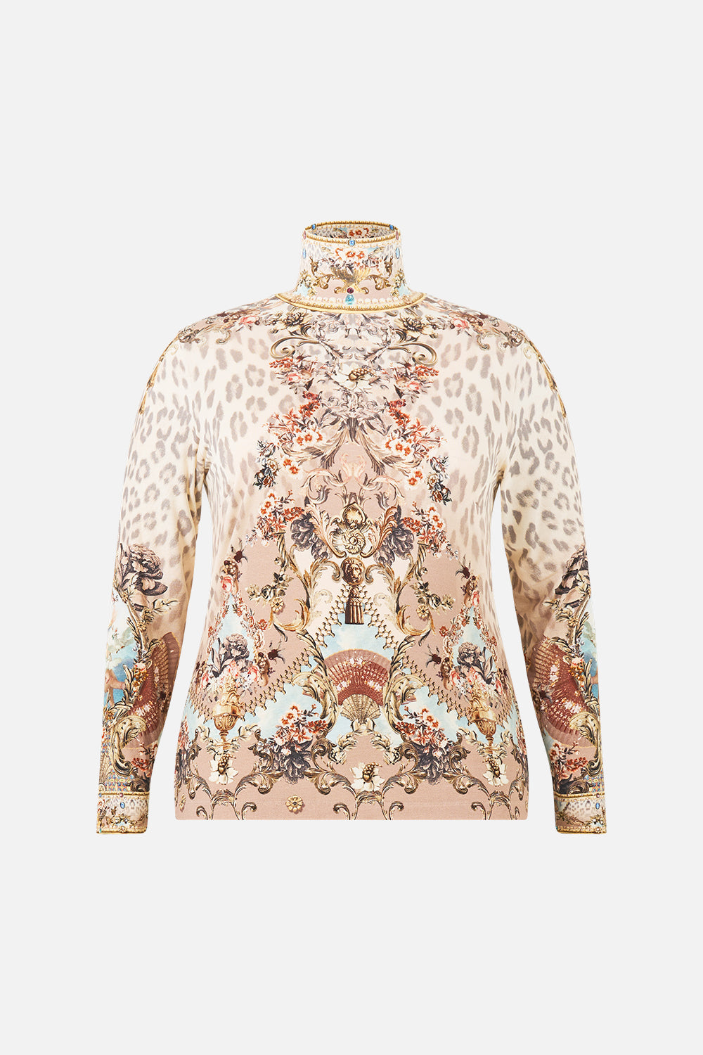 The CAMILLA JERSEY TURTLENECK ARANJUEZ ANIMALIA in our  print.