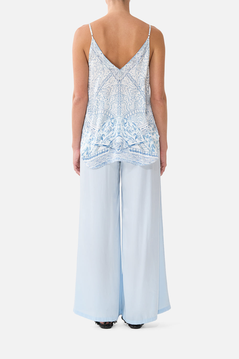 The CAMILLA lounge pant in our print The Hum of the Alhambra. Back model view.