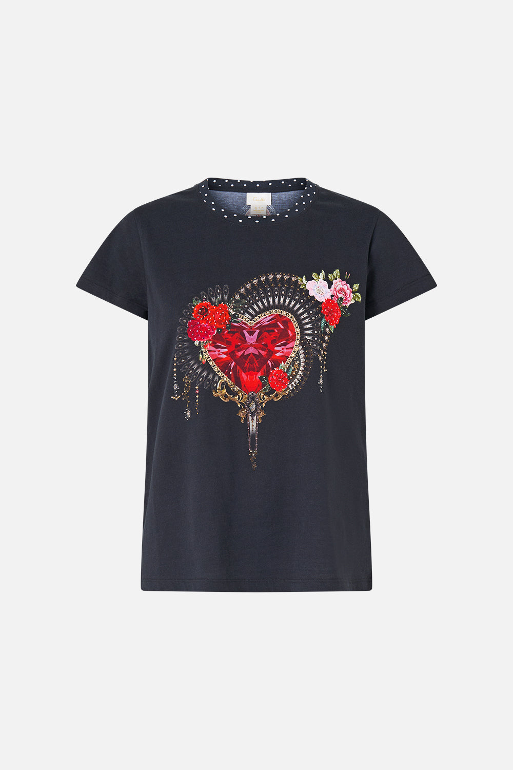 The CAMILLA SLIM FIT ROUND NECK T-SHIRT - BLACK DAUGHTERS OF DUENDE in our  print.
