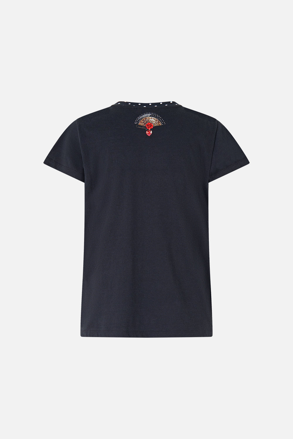 The CAMILLA SLIM FIT ROUND NECK T-SHIRT - BLACK DAUGHTERS OF DUENDE in our  print.