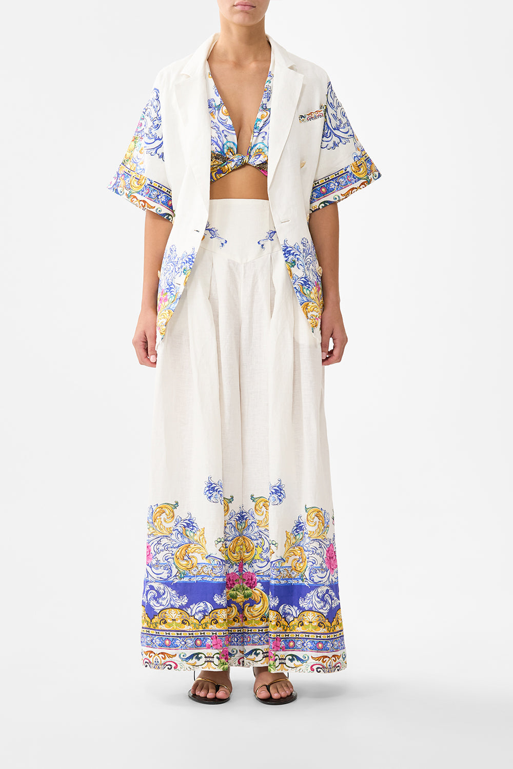 The CAMILLA corset waist wide leg pant in our print Milla in Sevilla. Front model view.