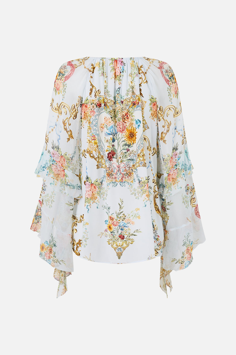 LACE UP V NECK BLOUSE WITH CASCADE RUFFLES SEVILLE SWEETHEART