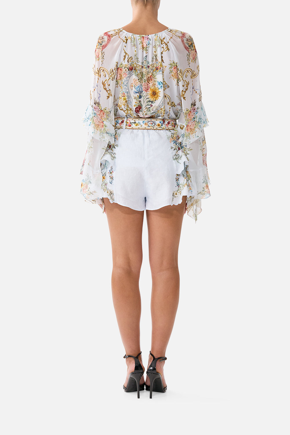 LACE UP V NECK BLOUSE WITH CASCADE RUFFLES SEVILLE SWEETHEART