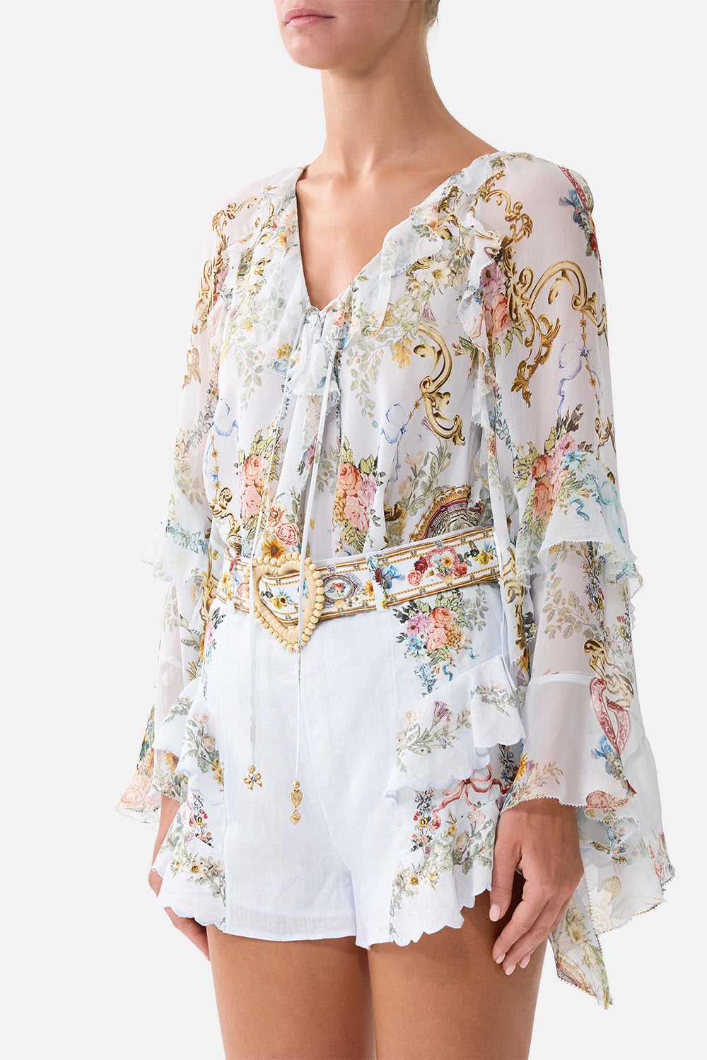 LACE UP V NECK BLOUSE WITH CASCADE RUFFLES SEVILLE SWEETHEART