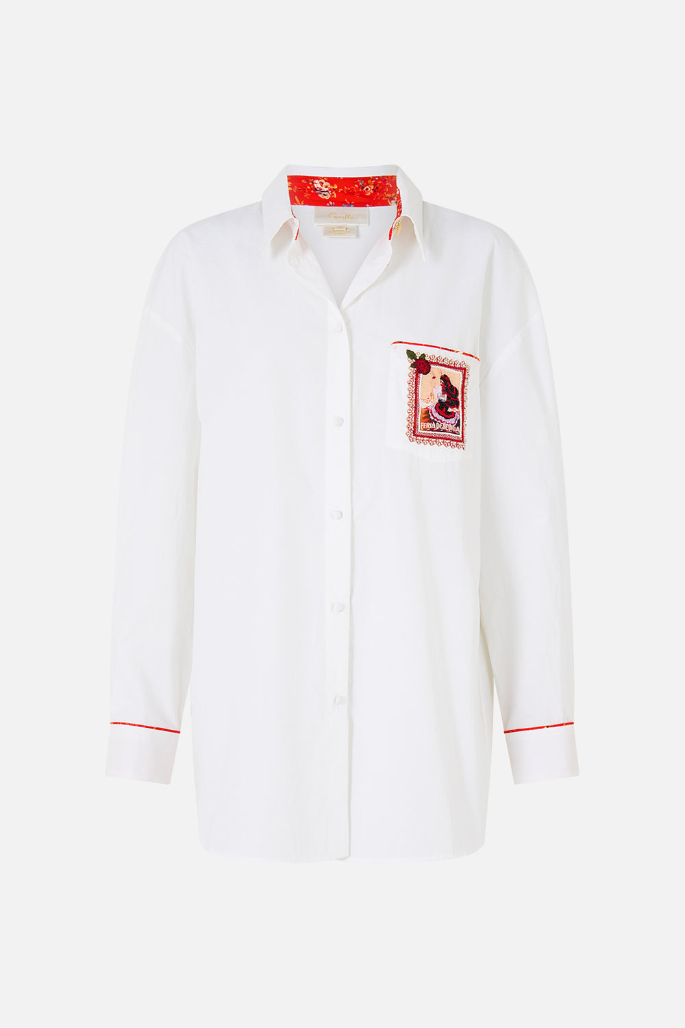 The CAMILLA long sleeve oversized shirt with pocket in our print Daughters of Duende. Front view.