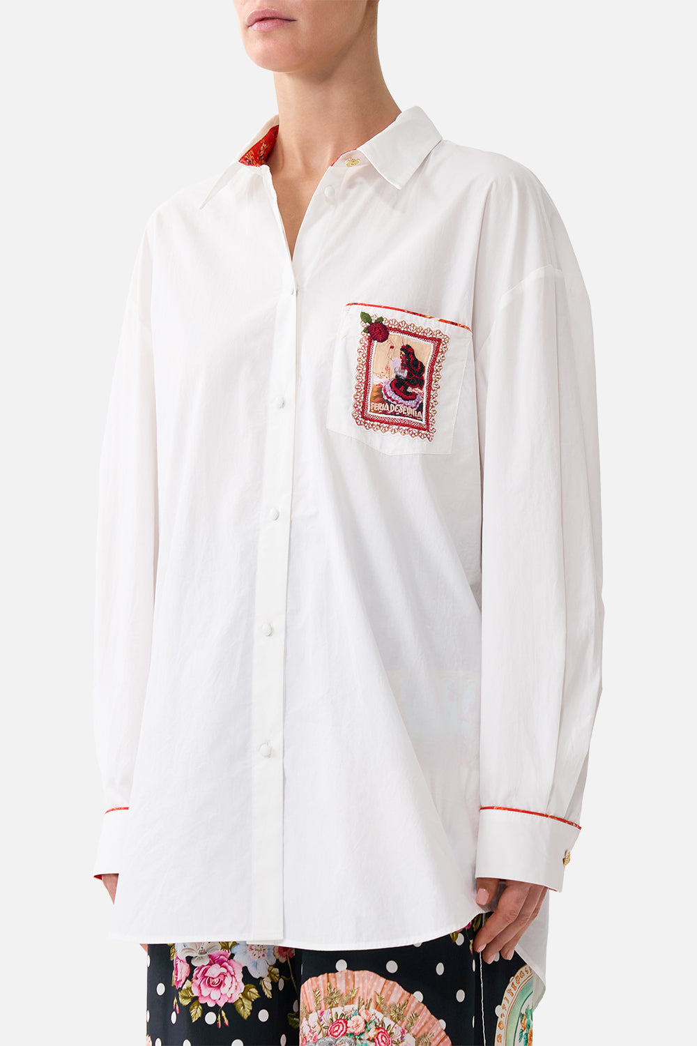 The CAMILLA long sleeve oversized shirt with pocket in our print Daughters of Duende.