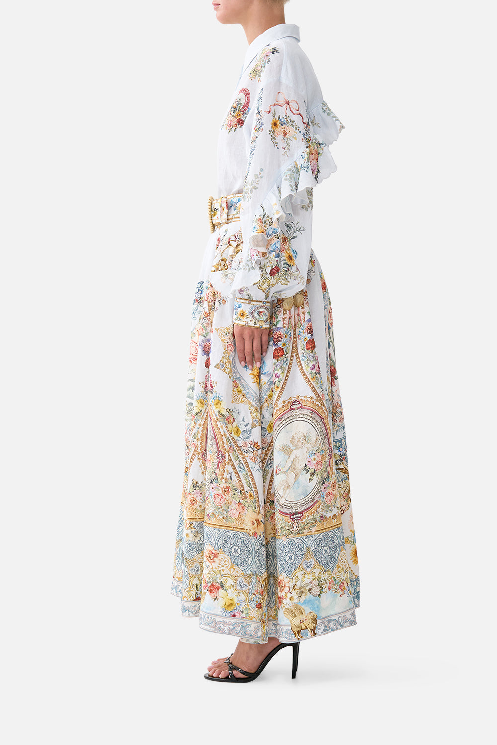 The CAMILLA belted midi skirt in our print Seville Sweetheart. Side model view.