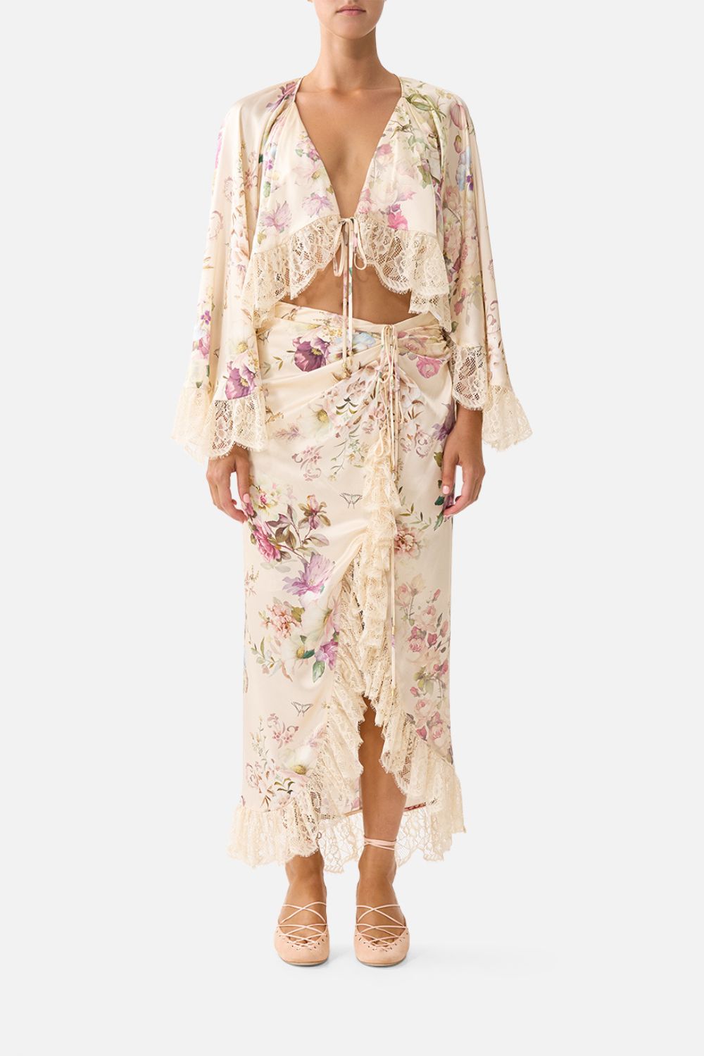 The CAMILLA CROP RUFFLE TOP ADORNED IN ARANJUEZ in our ADORNED IN ARANJUEZ print.