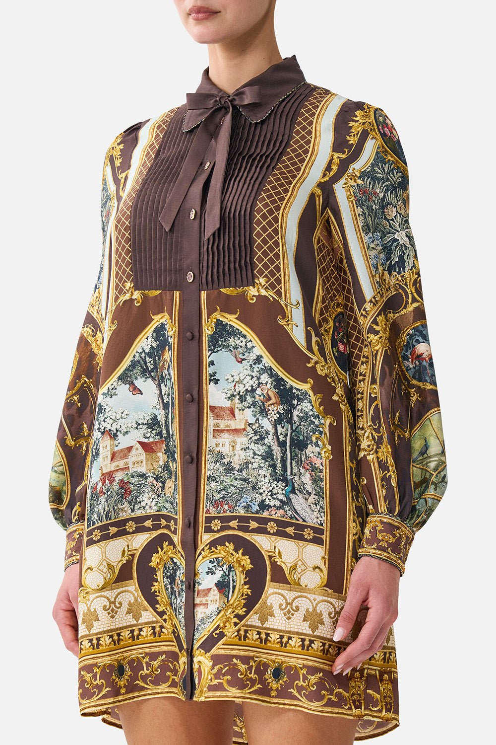 The CAMILLA Collared Shirt Dress with Pintucks Animals in the Palace in our Animals in the Palace print.