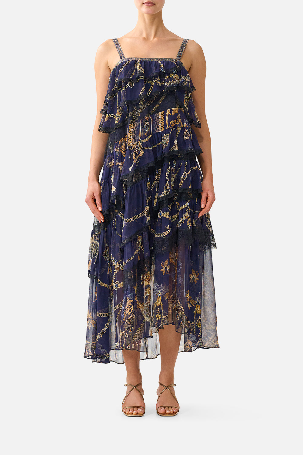 ASYMMETRIC SPLICED LACE DRESS CLOAKED IN BAROQUE