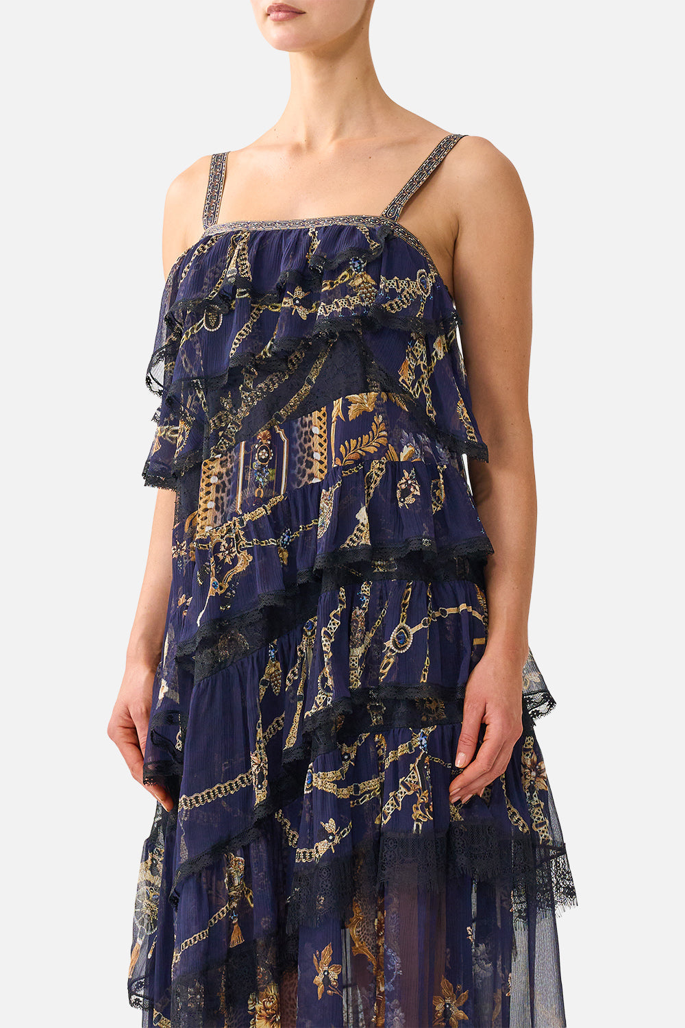 ASYMMETRIC SPLICED LACE DRESS CLOAKED IN BAROQUE