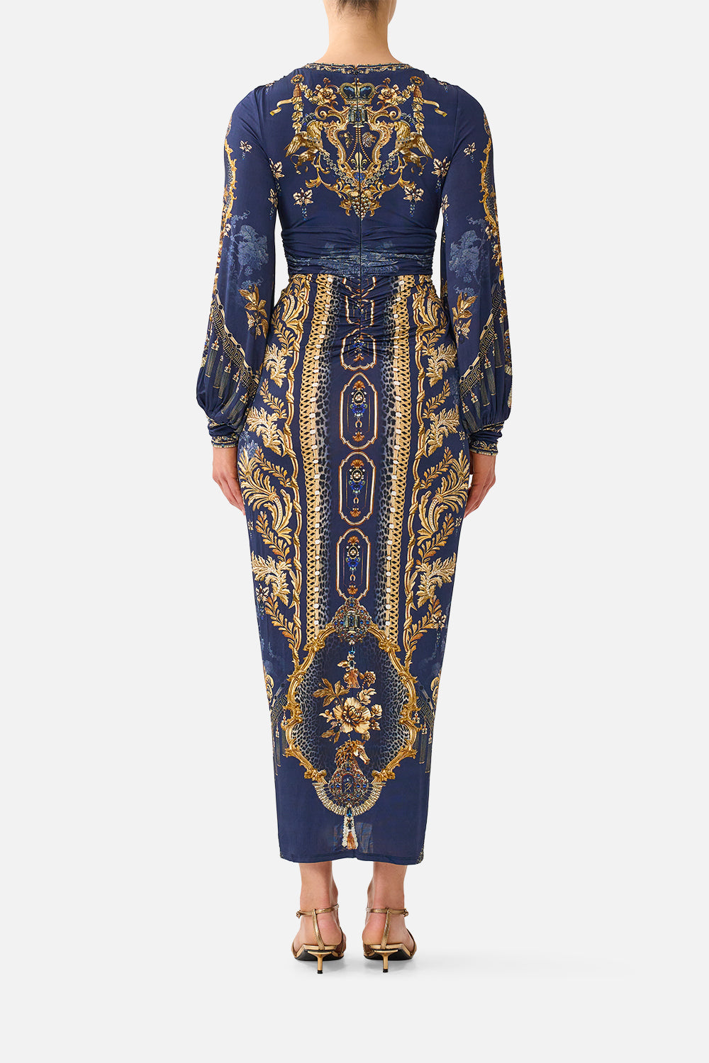 WAISTED DRAPED JERSEY DRESS CLOAKED IN BAROQUE