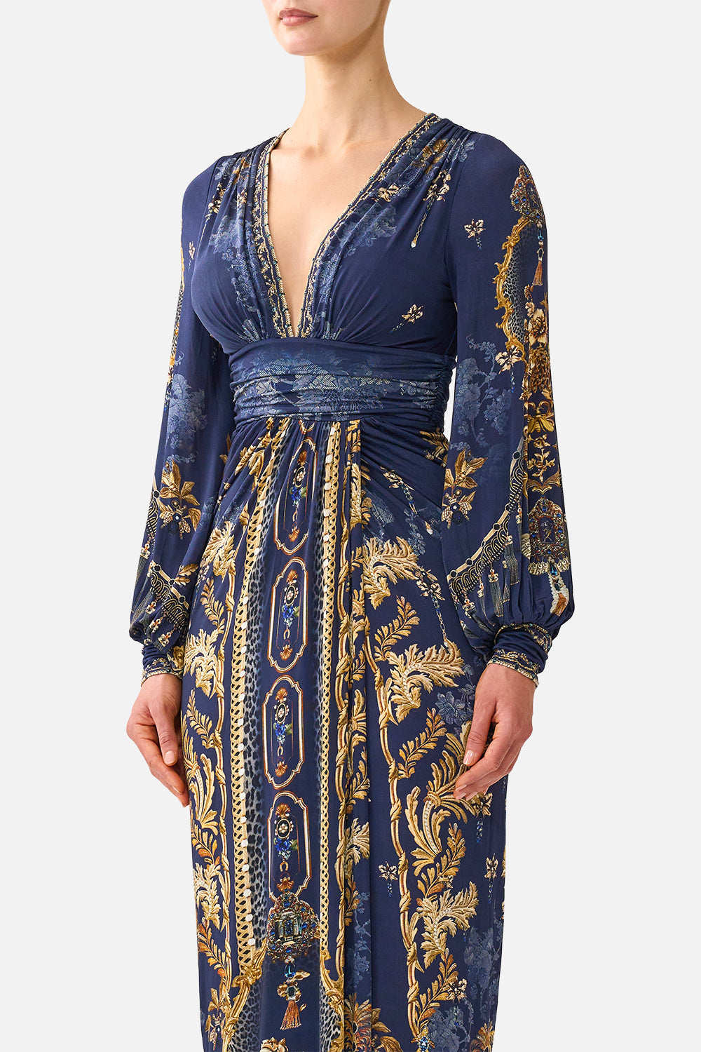 WAISTED DRAPED JERSEY DRESS CLOAKED IN BAROQUE