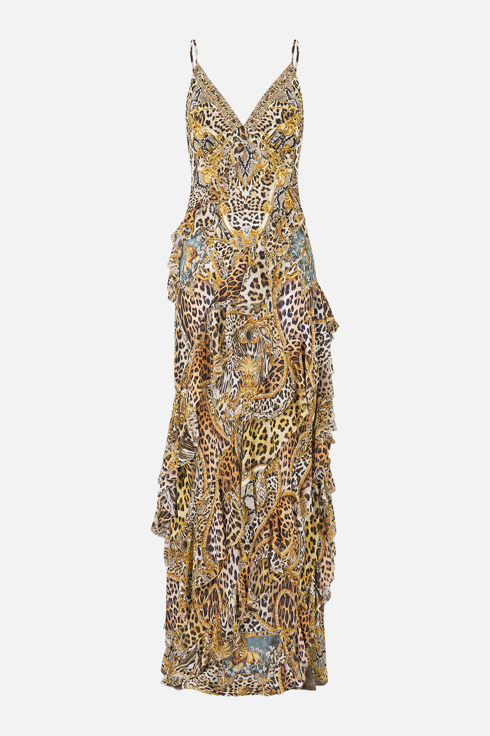 The CAMILLA Asymmetrical Ruffle Slip Dress Leopard Libertine in our Leopard Libertine print.