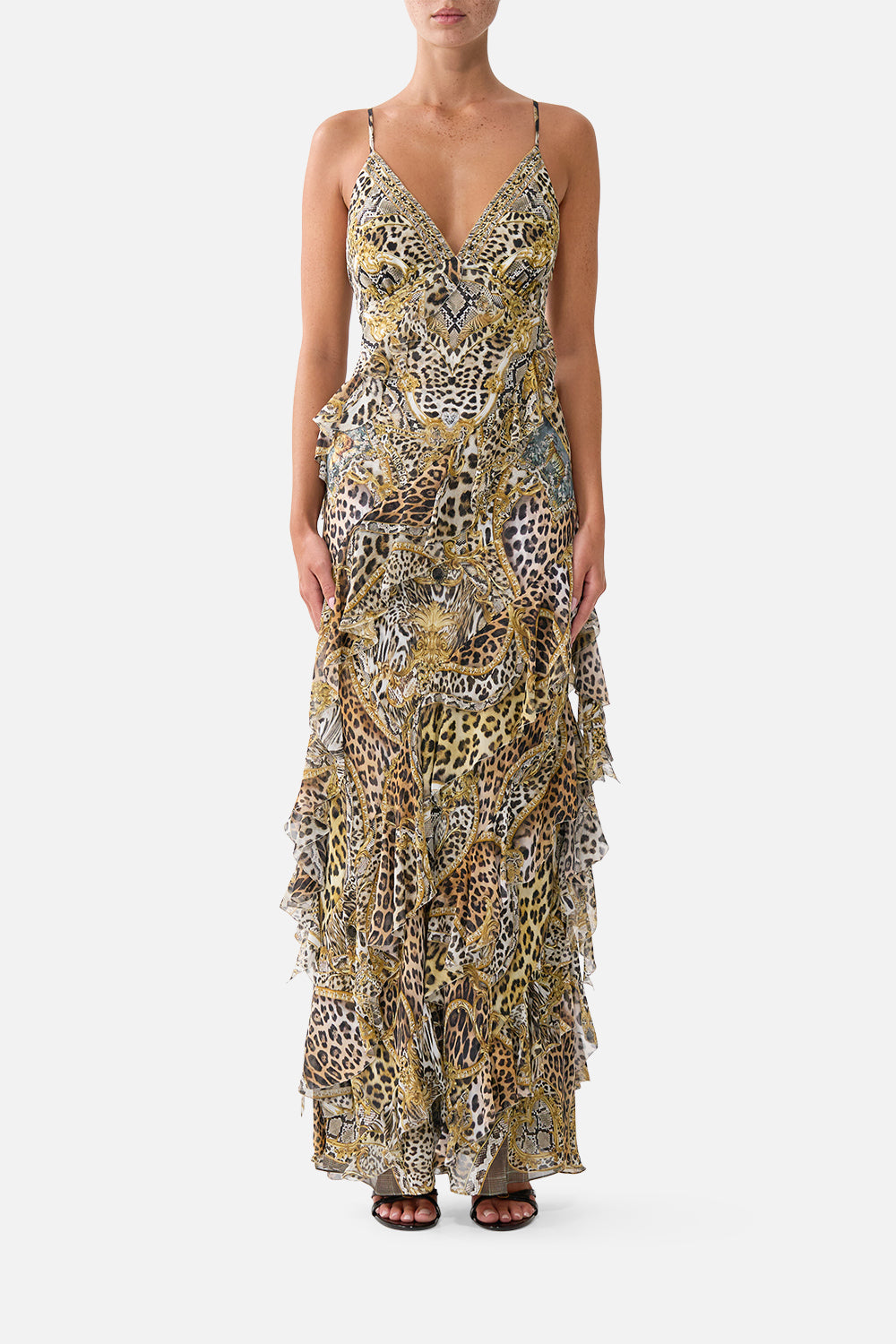 The CAMILLA Asymmetrical Ruffle Slip Dress Leopard Libertine in our Leopard Libertine print.