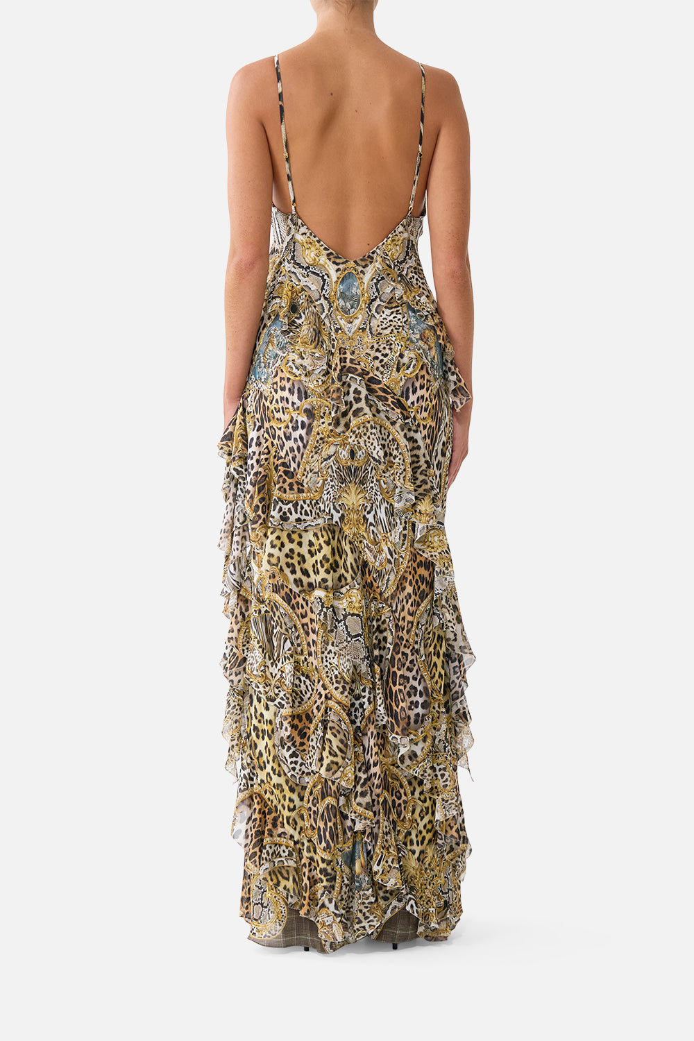 The CAMILLA Asymmetrical Ruffle Slip Dress Leopard Libertine in our Leopard Libertine print.