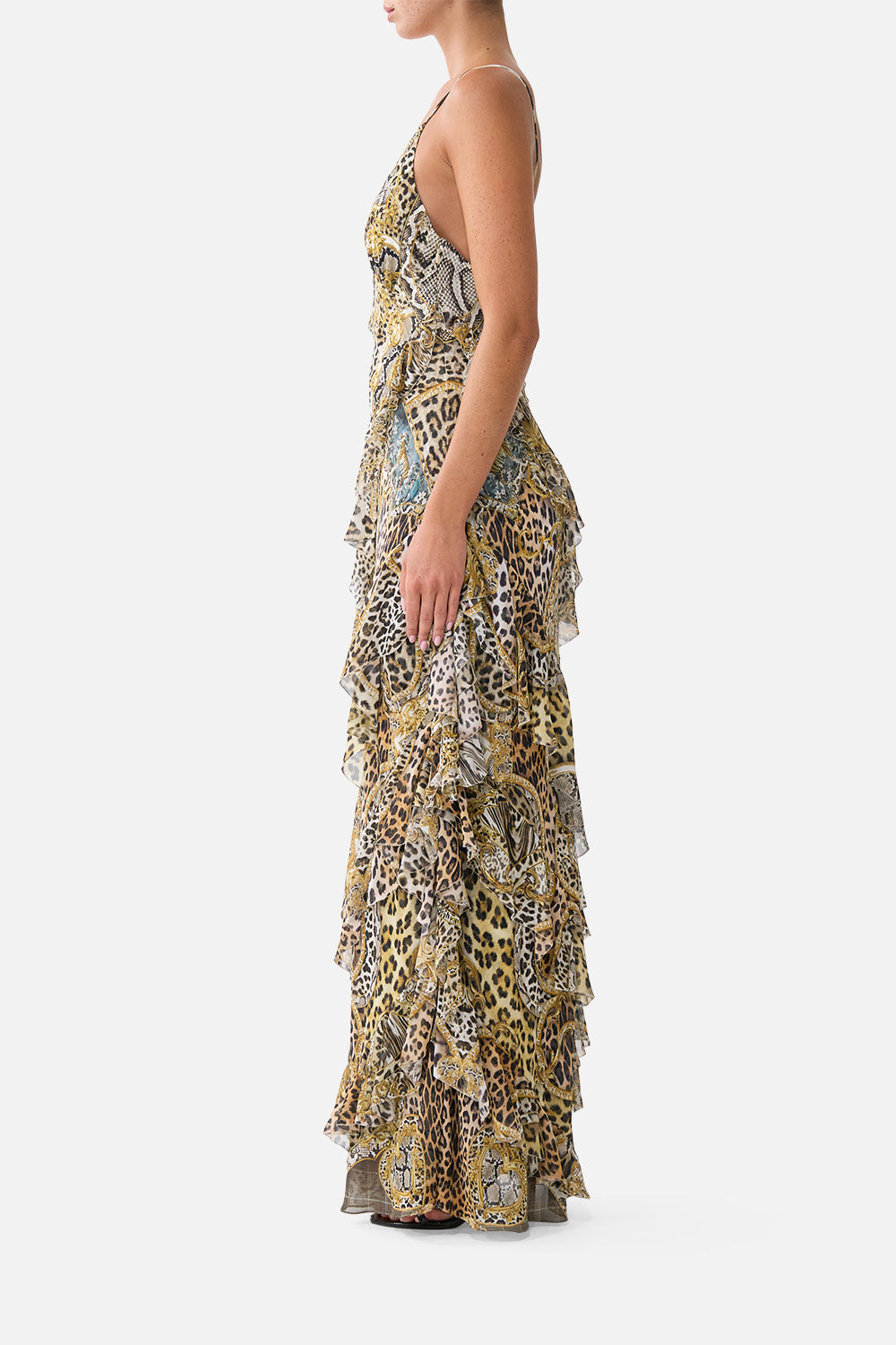 The CAMILLA ASYMMETRICAL RUFFLE SLIP DRESS LEOPARD LIBERTINE