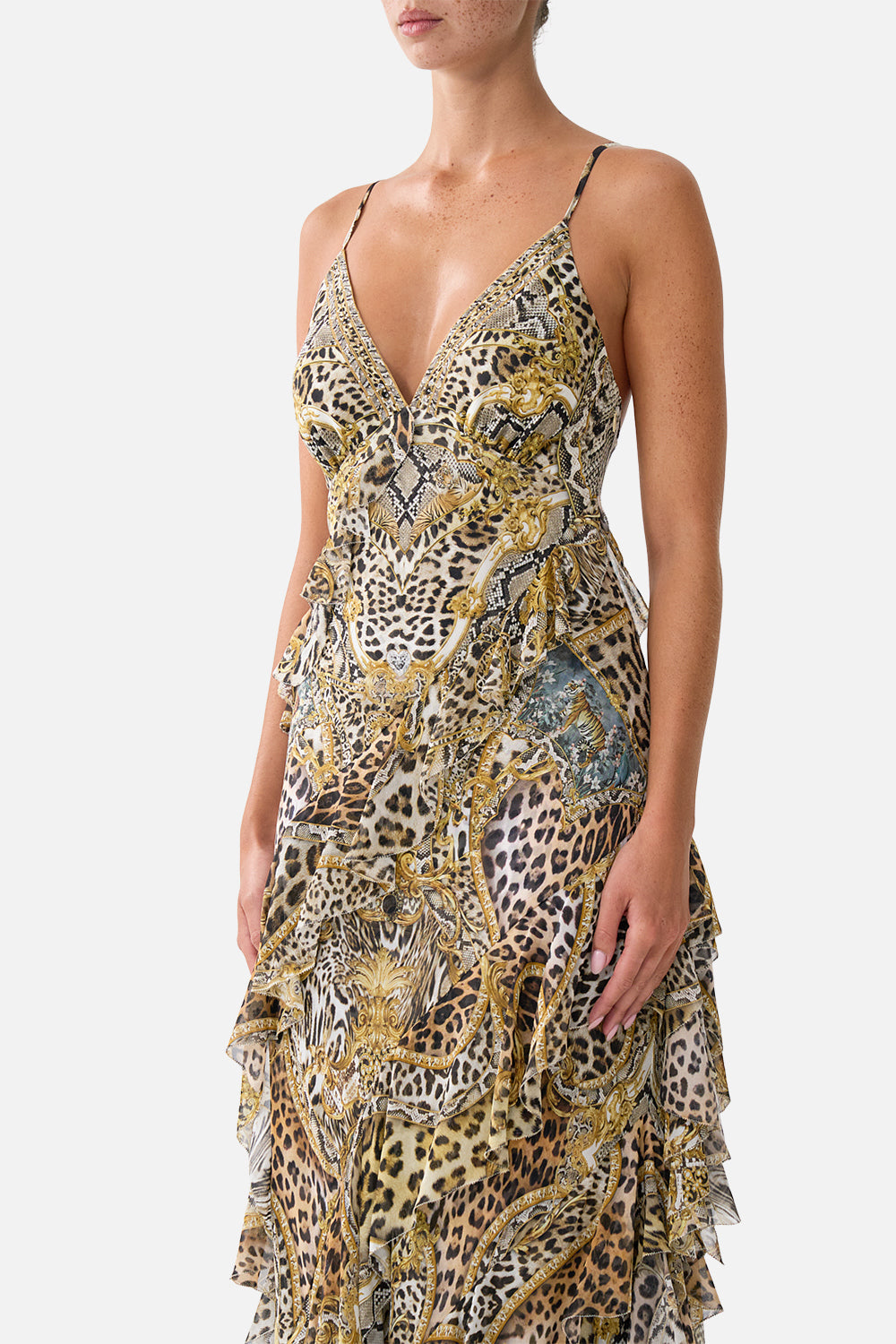 The CAMILLA Asymmetrical Ruffle Slip Dress Leopard Libertine in our Leopard Libertine print.