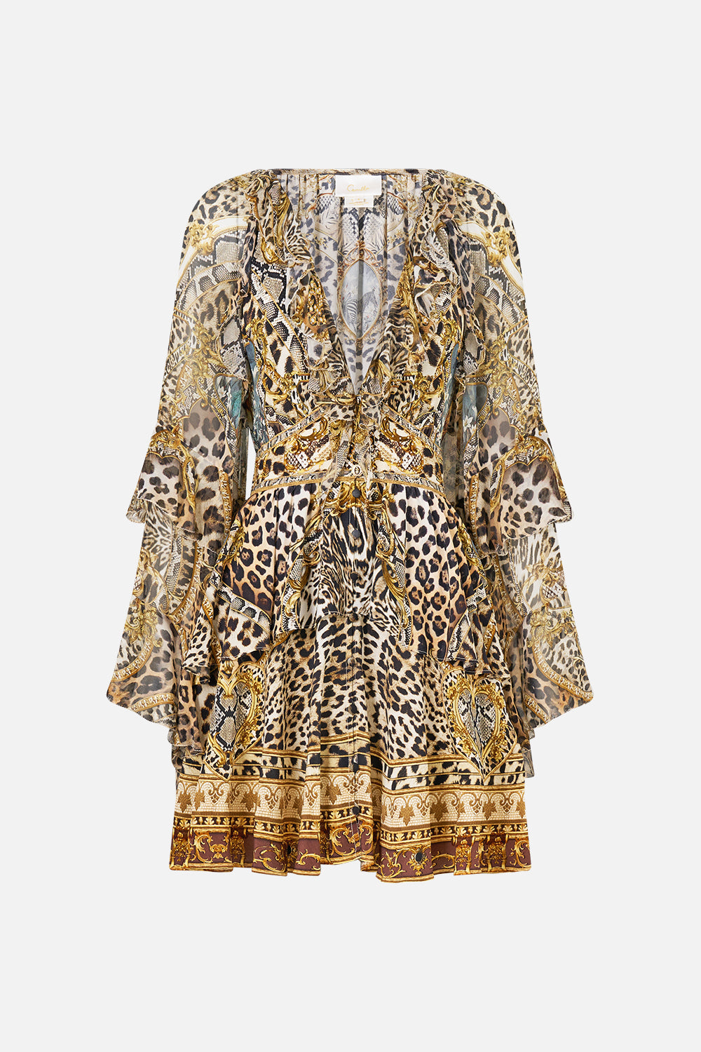 The CAMILLA Short Waistband Dress with Ruffle Sleeve Leopard Libertine in our Leopard Libertine print.