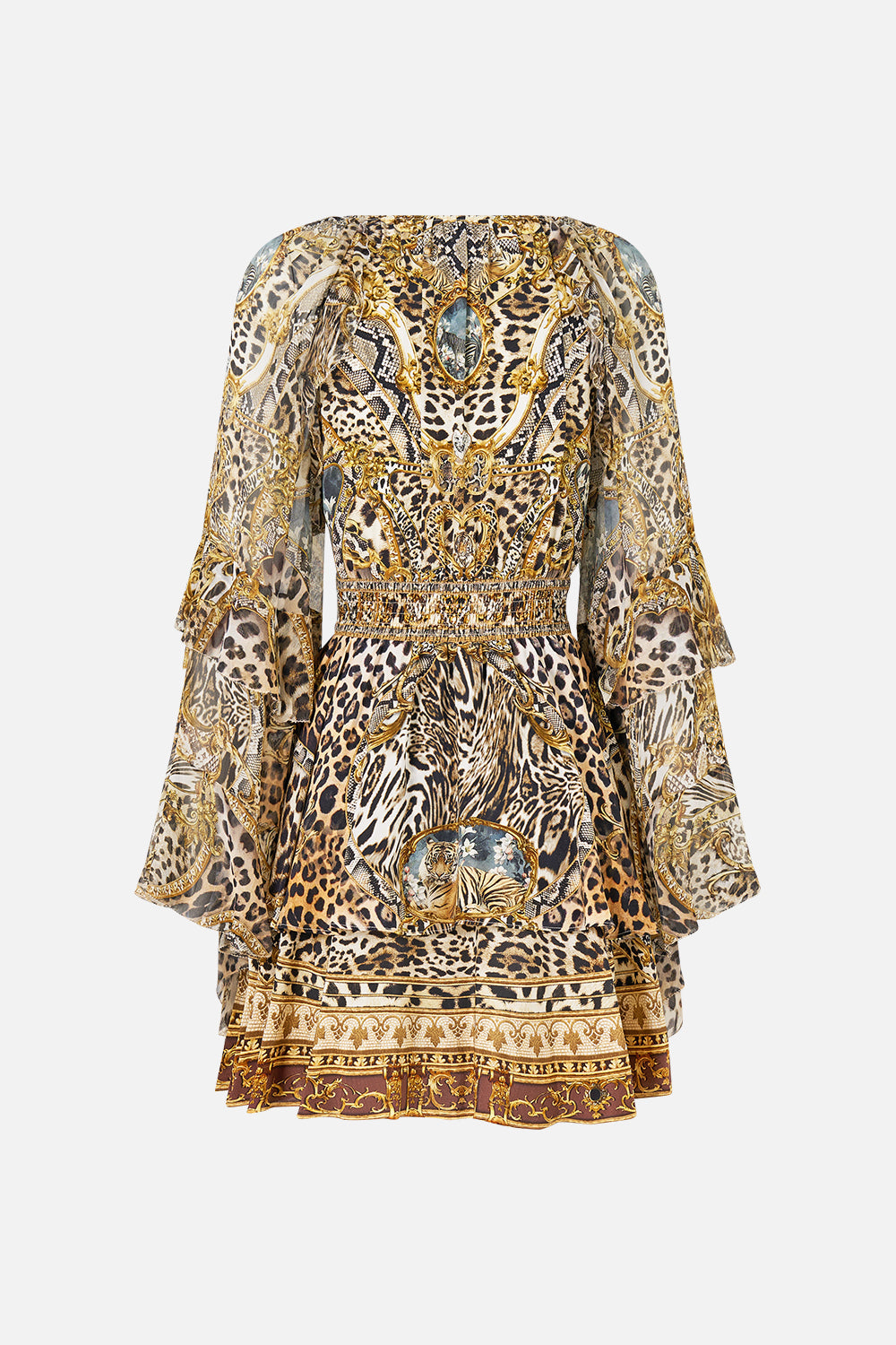 The CAMILLA Short Waistband Dress with Ruffle Sleeve Leopard Libertine in our Leopard Libertine print.