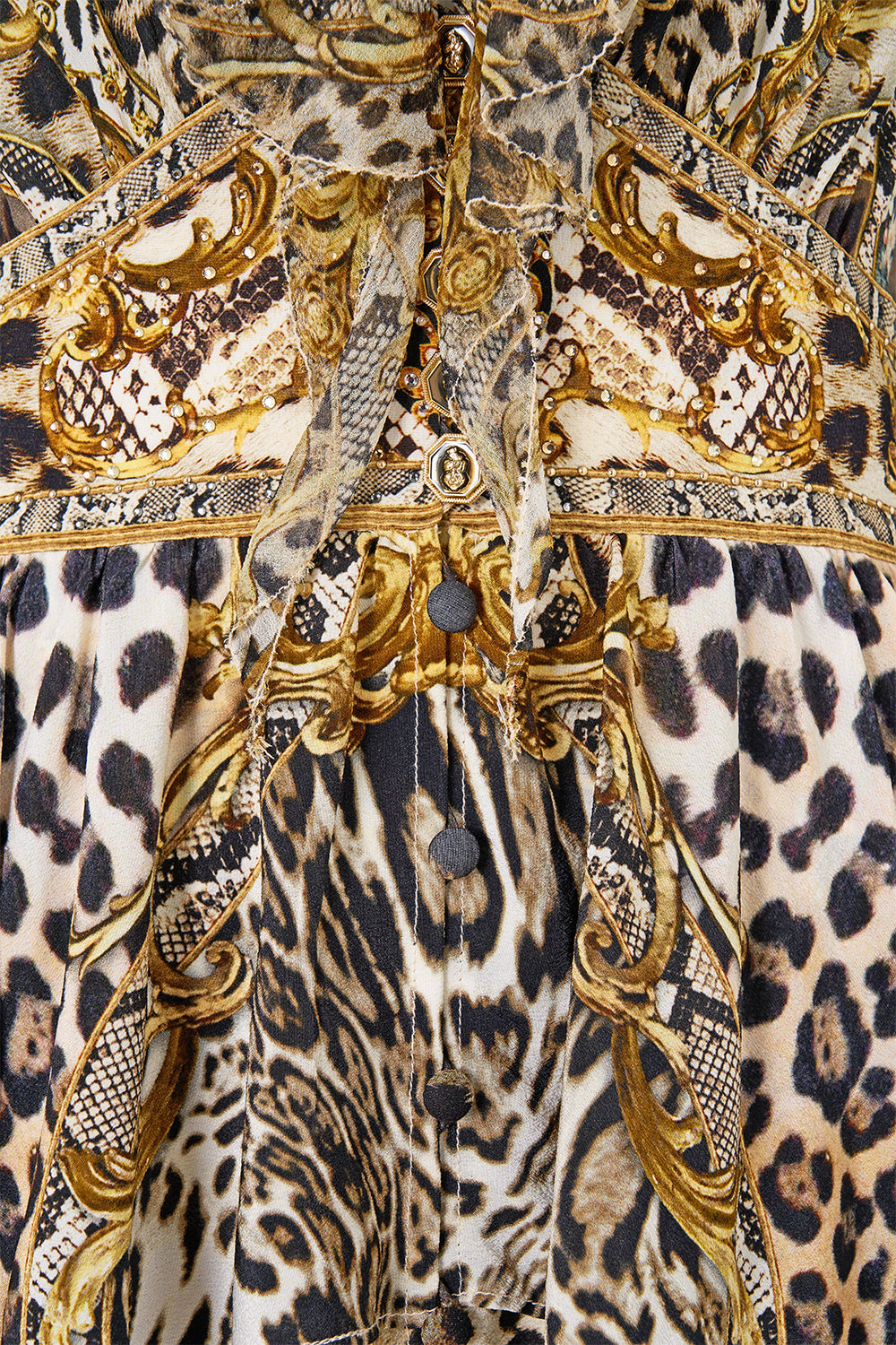 The CAMILLA Short Waistband Dress with Ruffle Sleeve Leopard Libertine in our Leopard Libertine print.