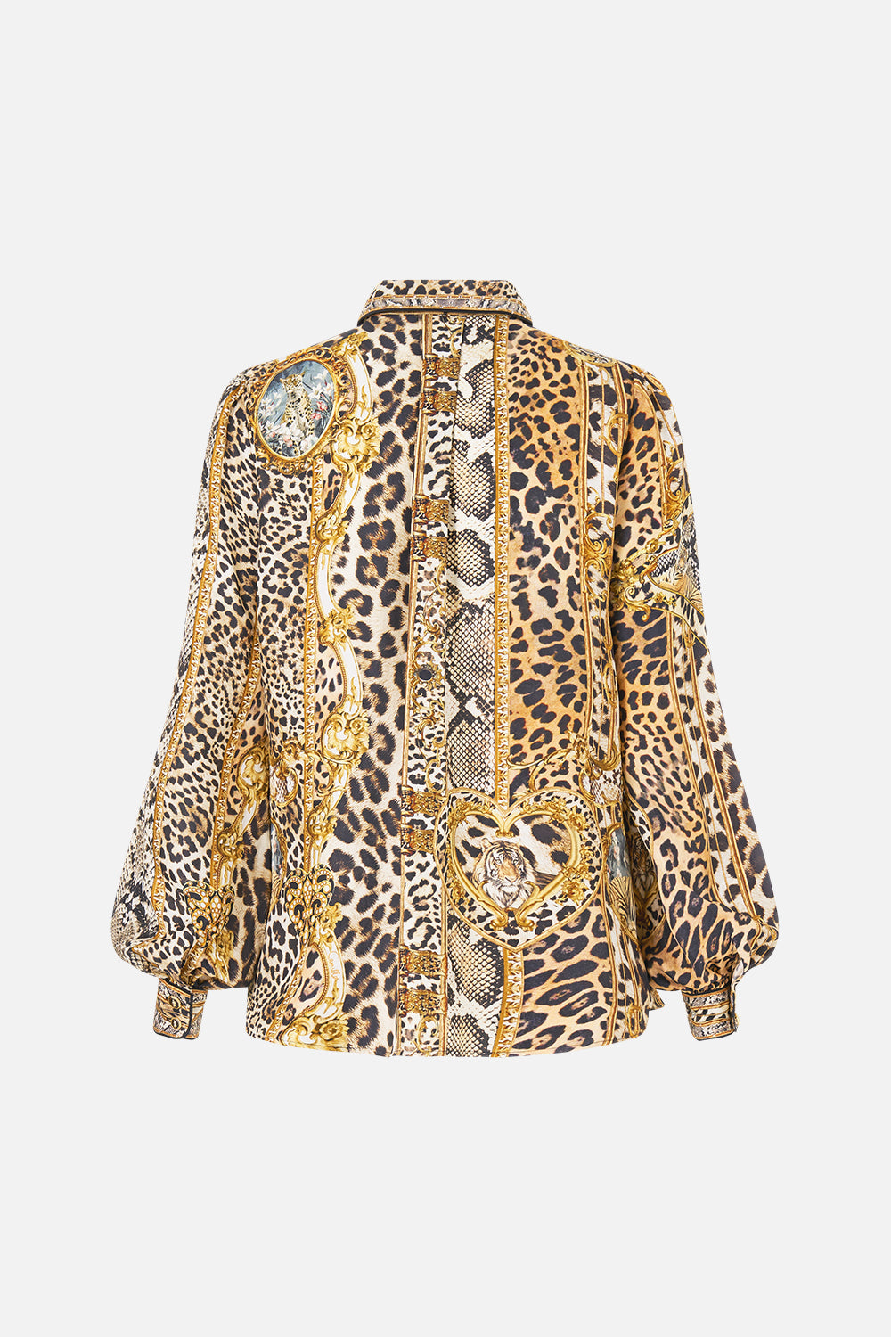 The CAMILLA Collared Shirt with Pintucks Leopard Libertine in our Leopard Libertine print.