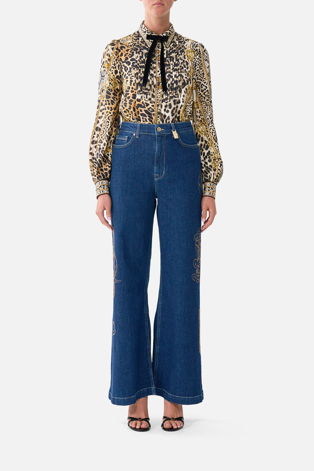 The CAMILLA Collared Shirt with Pintucks Leopard Libertine in our Leopard Libertine print.
