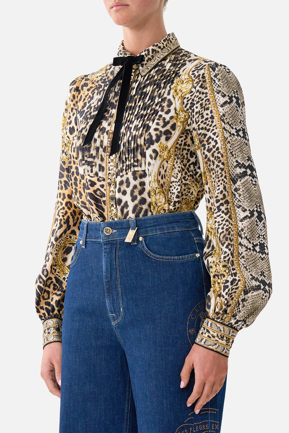 The CAMILLA COLLARED SHIRT WITH PINTUCKS LEOPARD LIBERTINE
