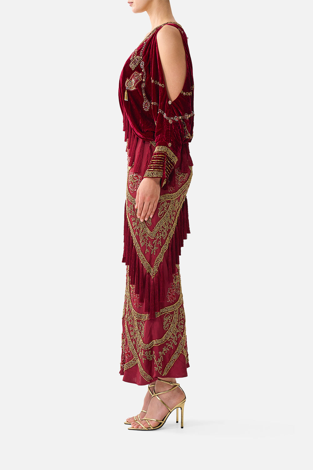 VELVET PLUNGE NECK DRAPED SHOULDER DRESS CALL ME A CARRIAGE