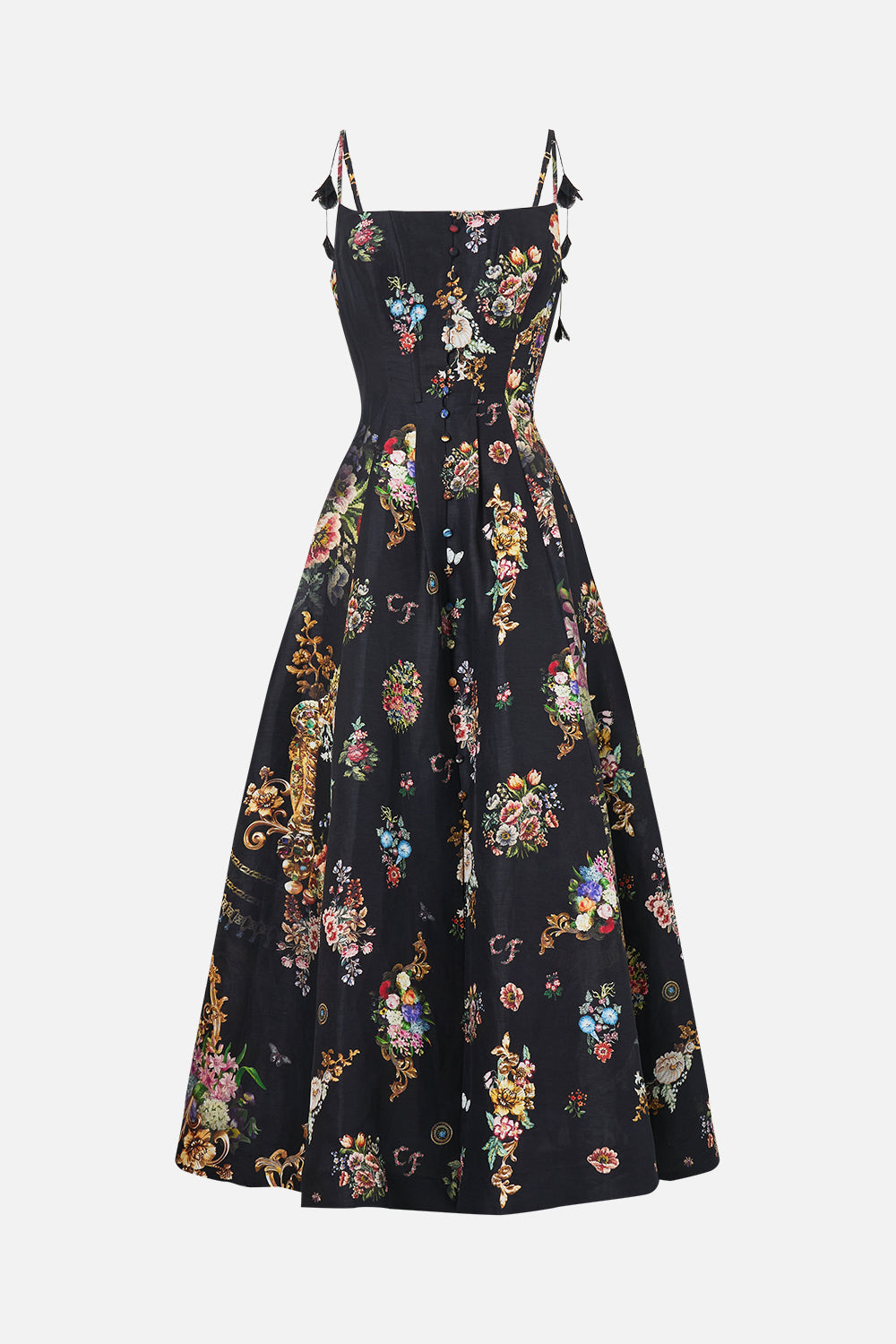 The CAMILLA CORSET DRESS WITH LONG FLARED SKIRT NIGHT GARDEN
