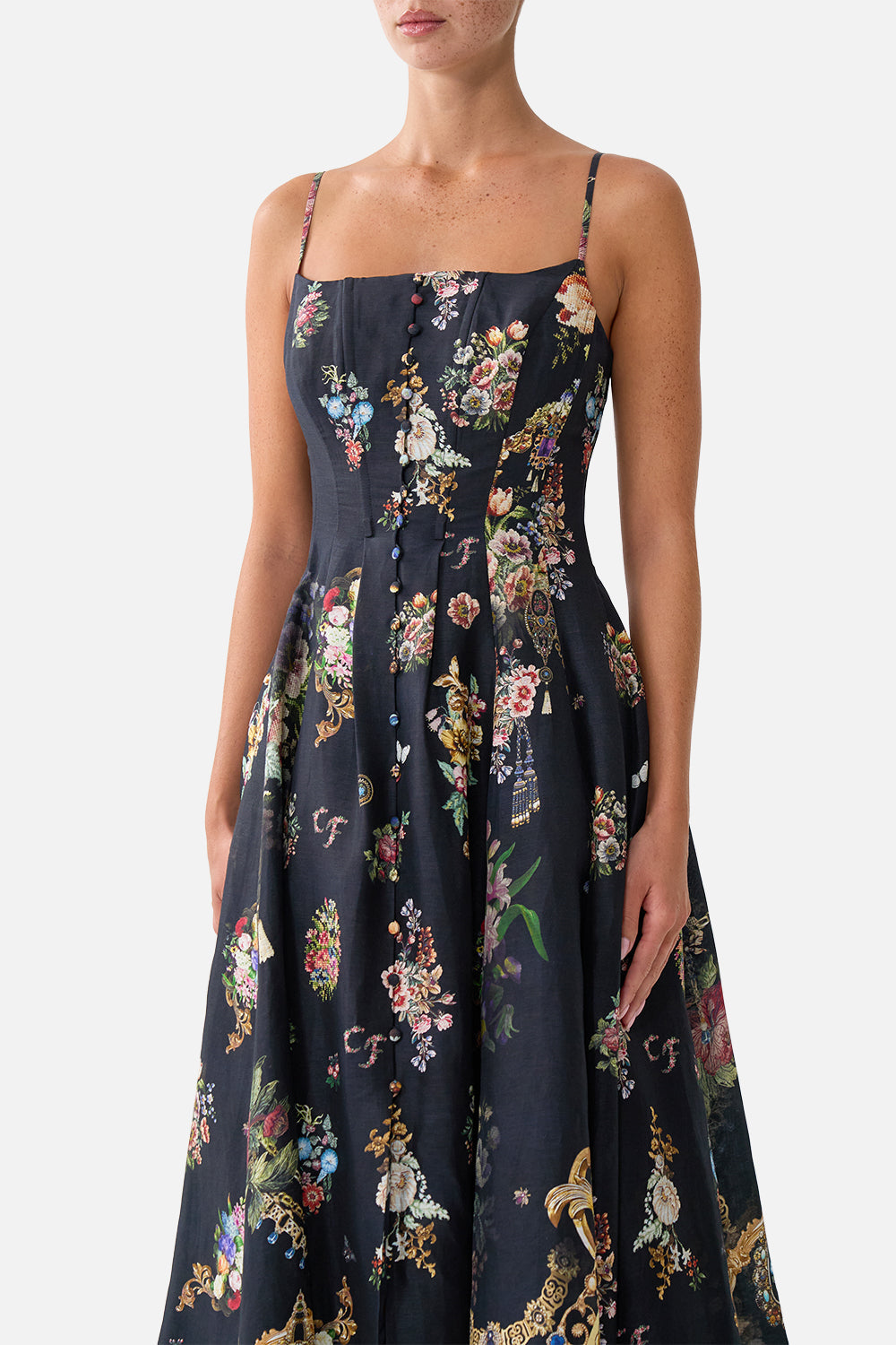 The CAMILLA CORSET DRESS WITH LONG FLARED SKIRT NIGHT GARDEN