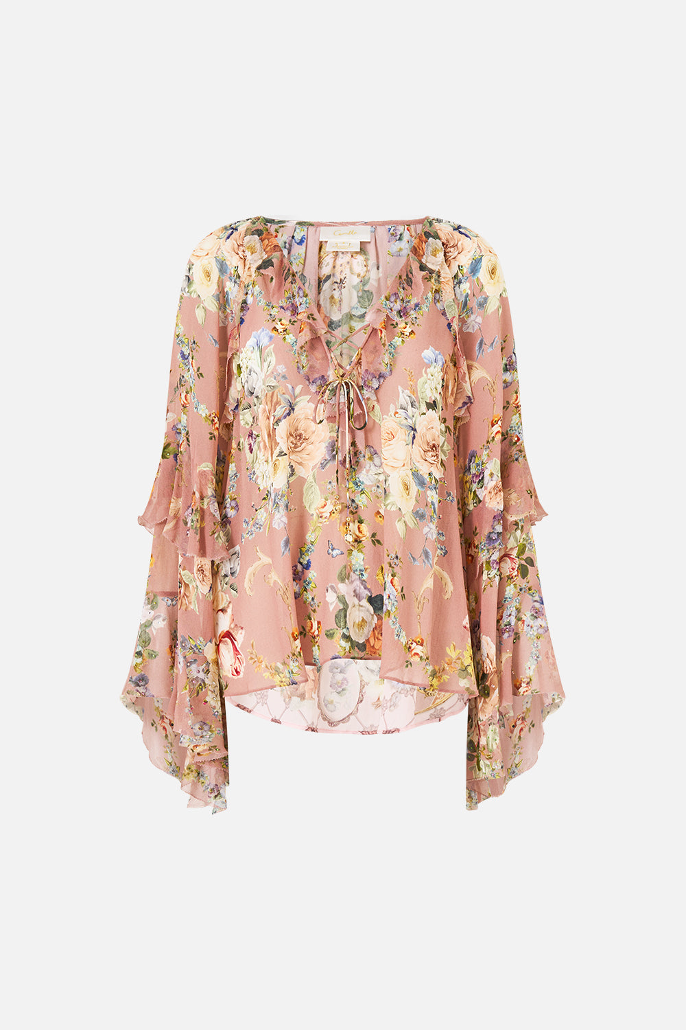 The CAMILLA LACE UP V NECK BLOUSE WITH CASCADE RUFFLES CHAMBER OF BLOOMS