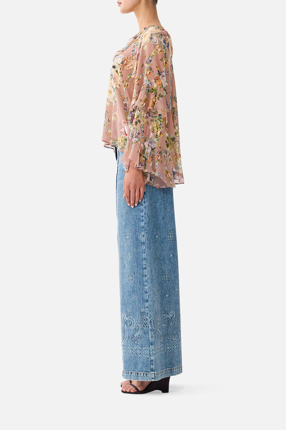 The CAMILLA LACE UP V NECK BLOUSE WITH CASCADE RUFFLES CHAMBER OF BLOOMS