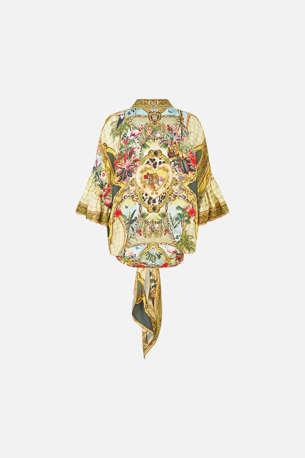The CAMILLA Tie Front Shirt with Sleeve Frill in our Wanderlust Empire print, back view.