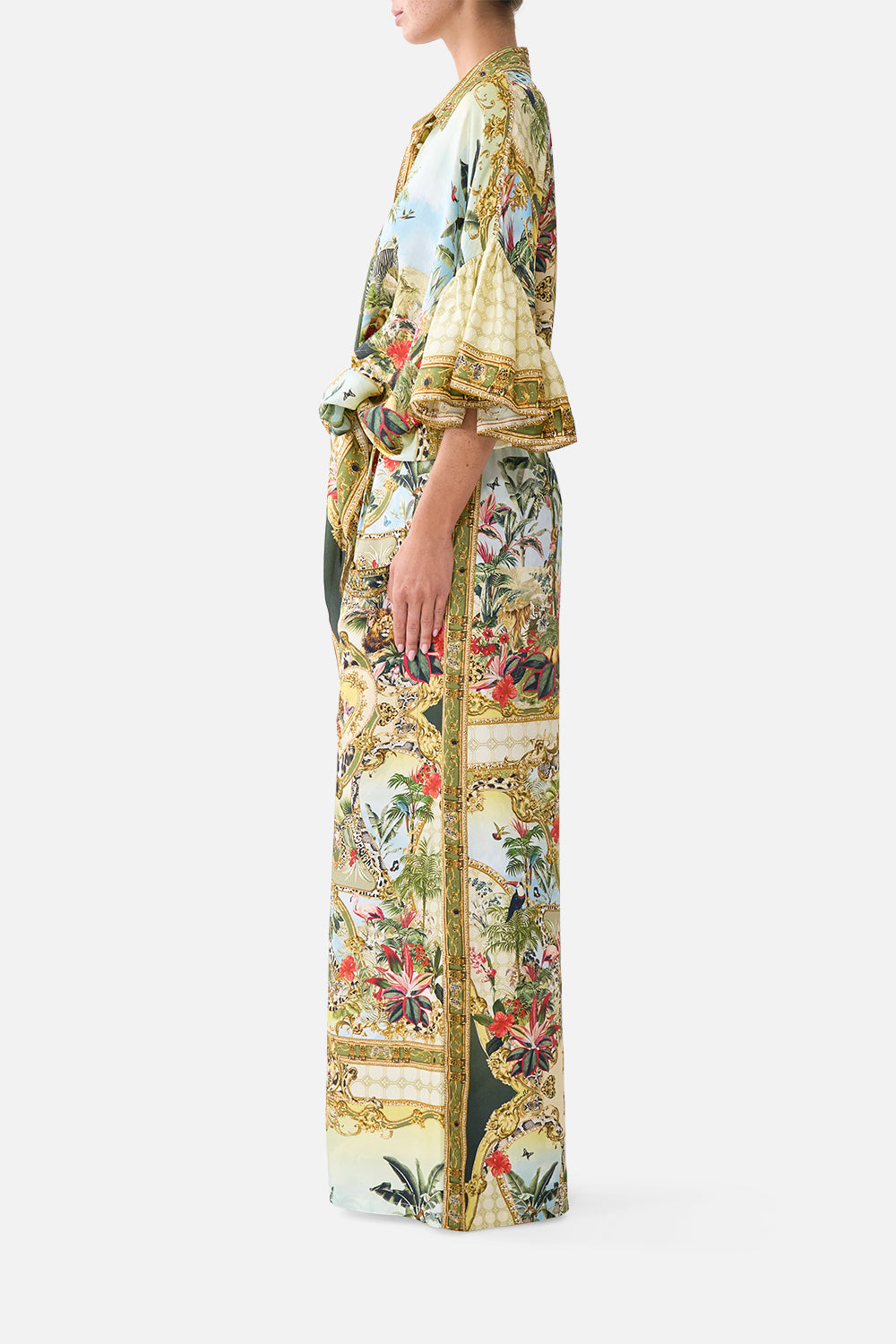 The CAMILLA Tie Front Shirt with Sleeve Frill in our Wanderlust Empire print, side view on model.