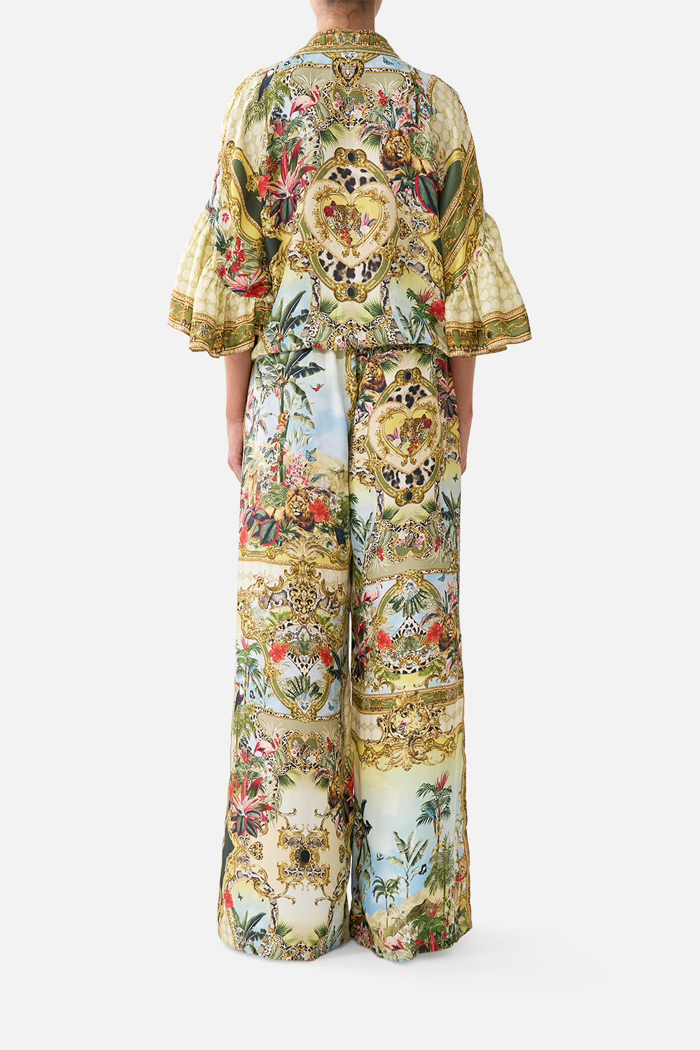 The CAMILLA Tie Front Shirt with Sleeve Frill in our Wanderlust Empire print, back view on model.