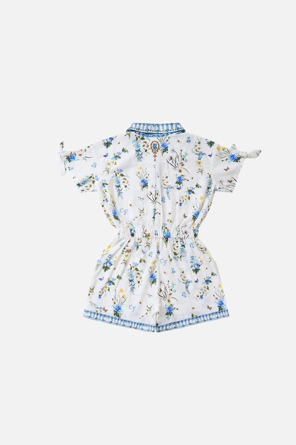 The CAMILLA KIDS SHIRT PLAYSUIT W SHORT TIE SLEEVE DANDELION SKIES
