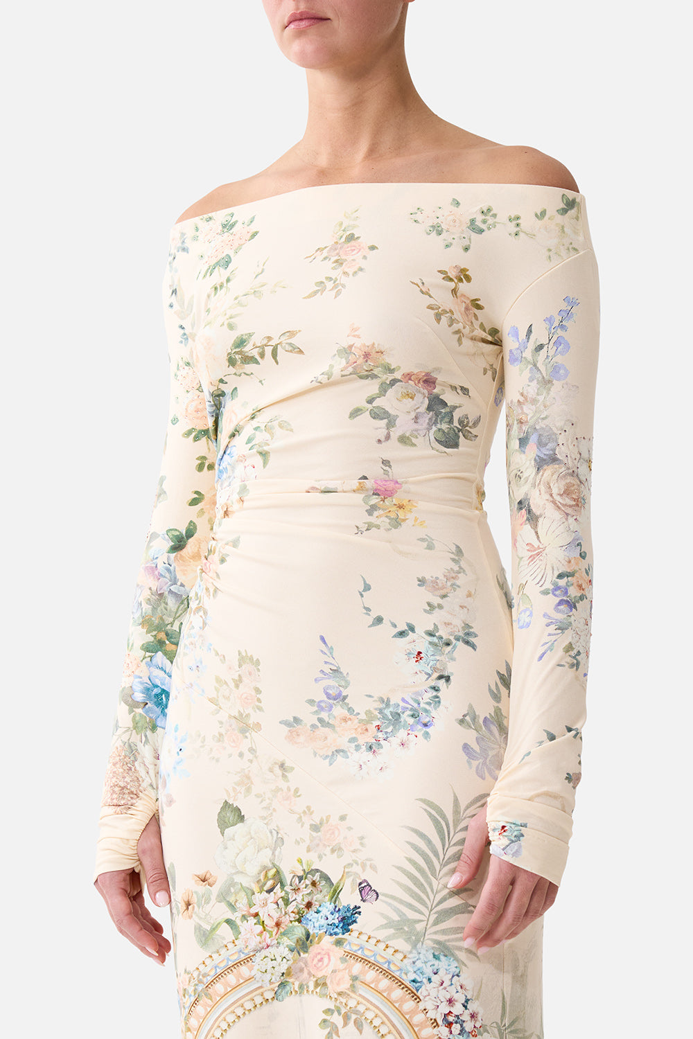 The CAMILLA OFF SHOULDER GATHERED JERSEY DRESS MIDSUMMER MASTERPIECE