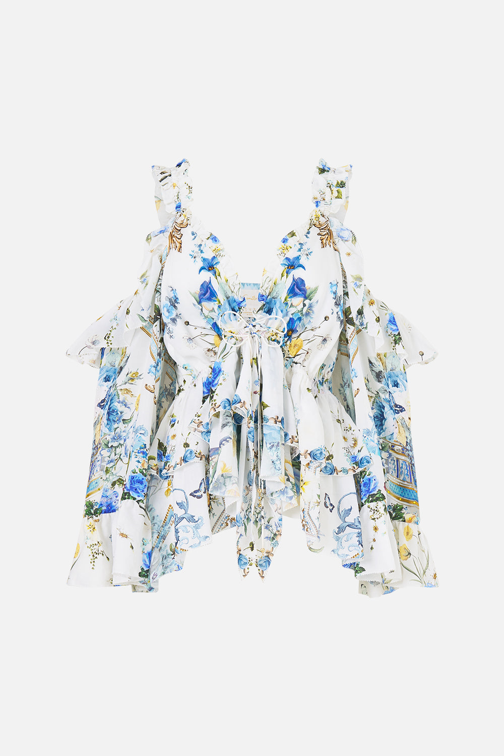 The CAMILLA COLD SHOULDER RUFFLE TOP DANDELION SKIES