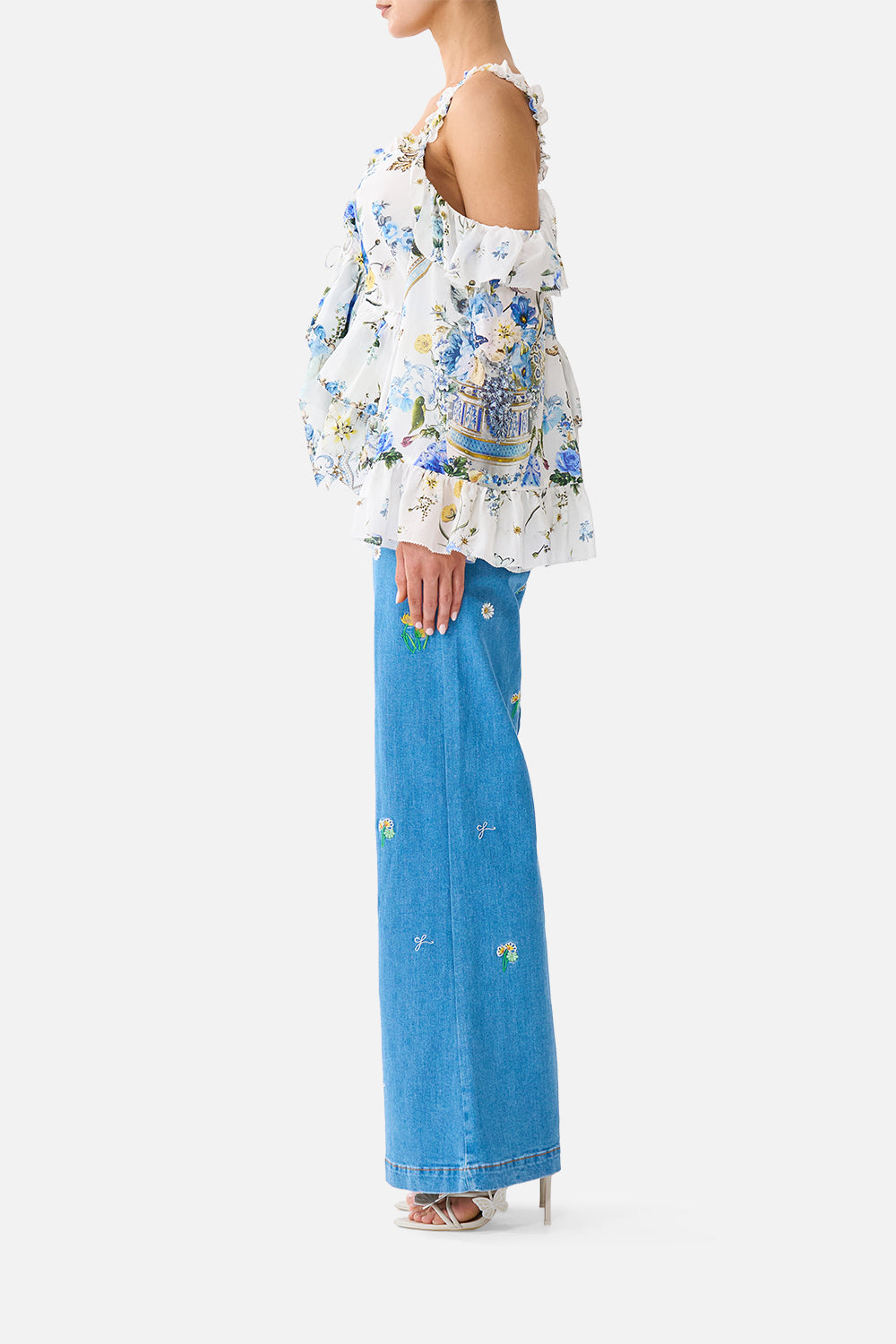 The CAMILLA COLD SHOULDER RUFFLE TOP DANDELION SKIES