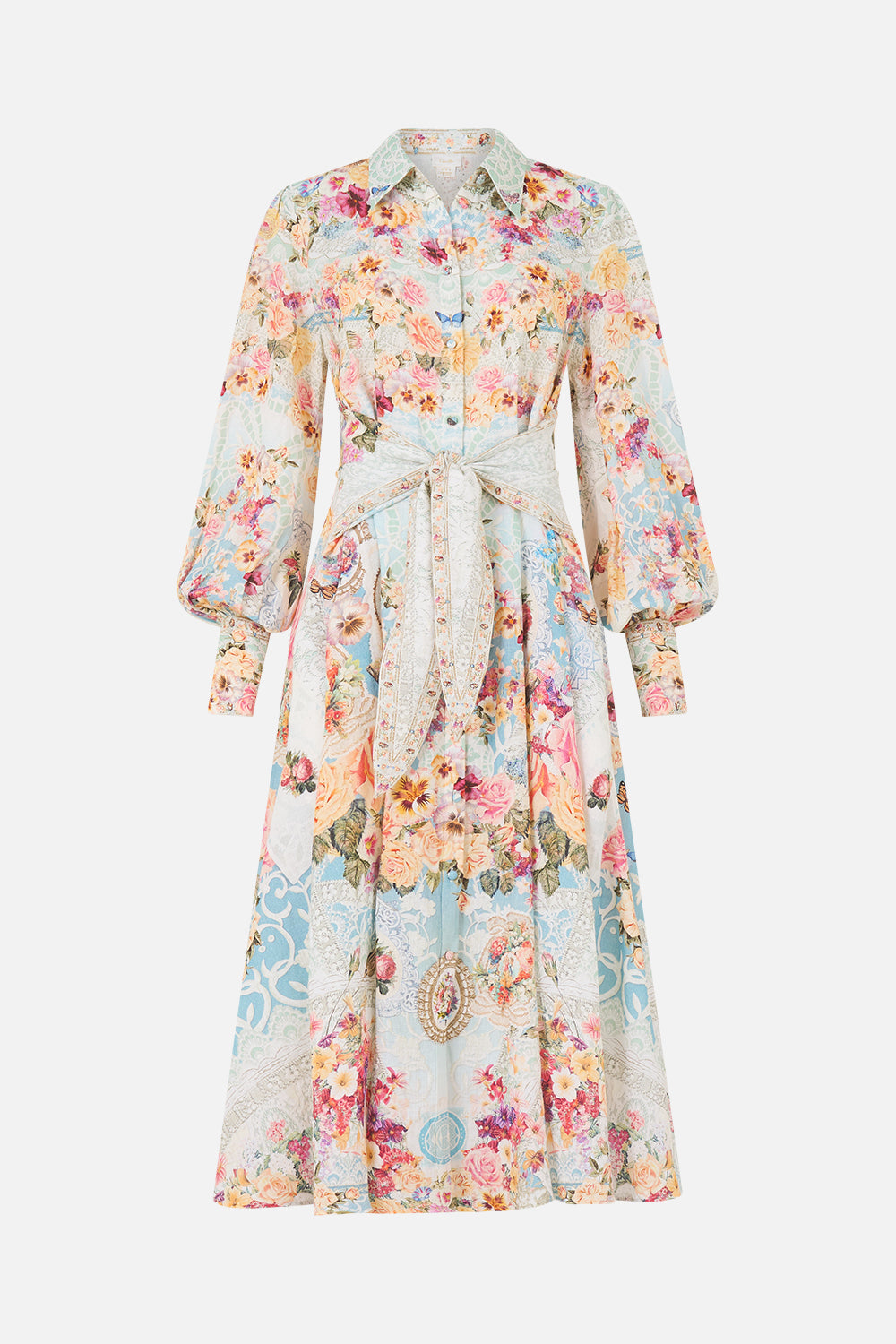 The CAMILLA waist tie shirt dress in our print A Taste for Lace. Front view.