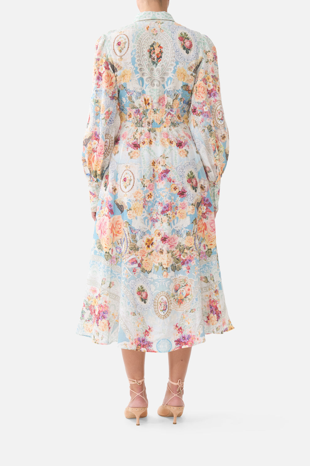 The CAMILLA waist tie shirt dress in our print A Taste for Lace. Back model view.