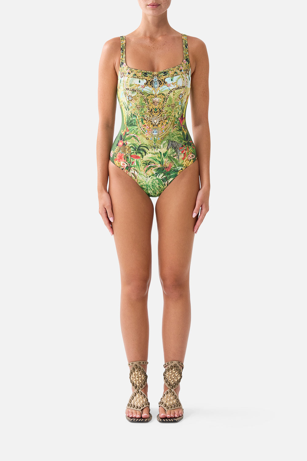 The CAMILLA Underwire Square Neck One Piece with Scoop Back in our Wanderlust Empire print, front view on model.