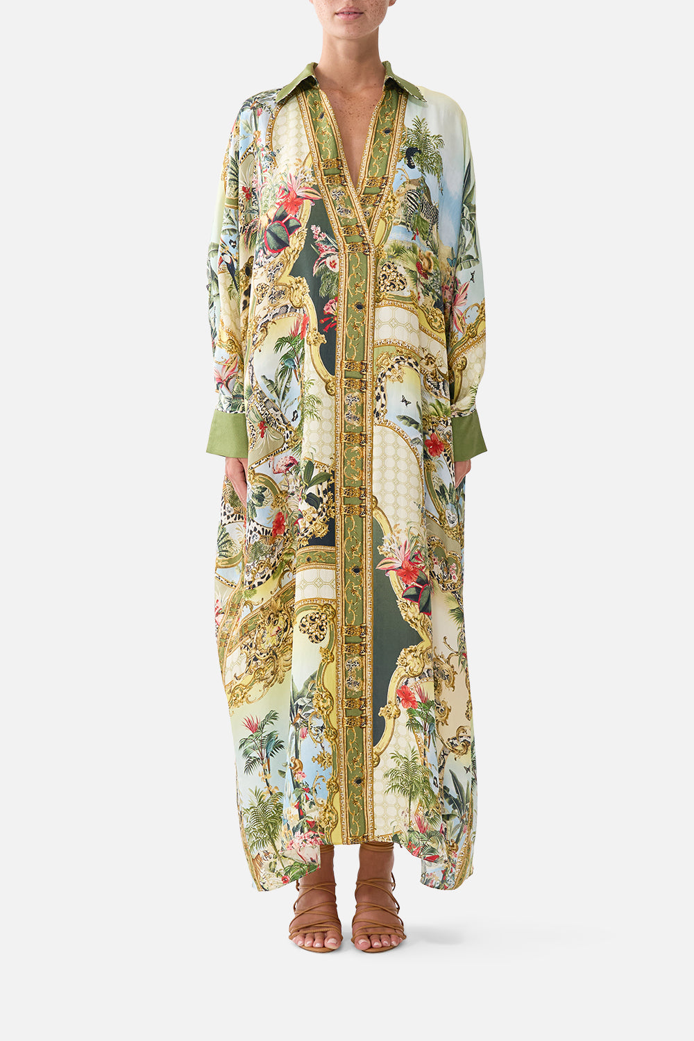 The CAMILLA Wing Collar Kaftan in our Wanderlust Empire print, front view on model.